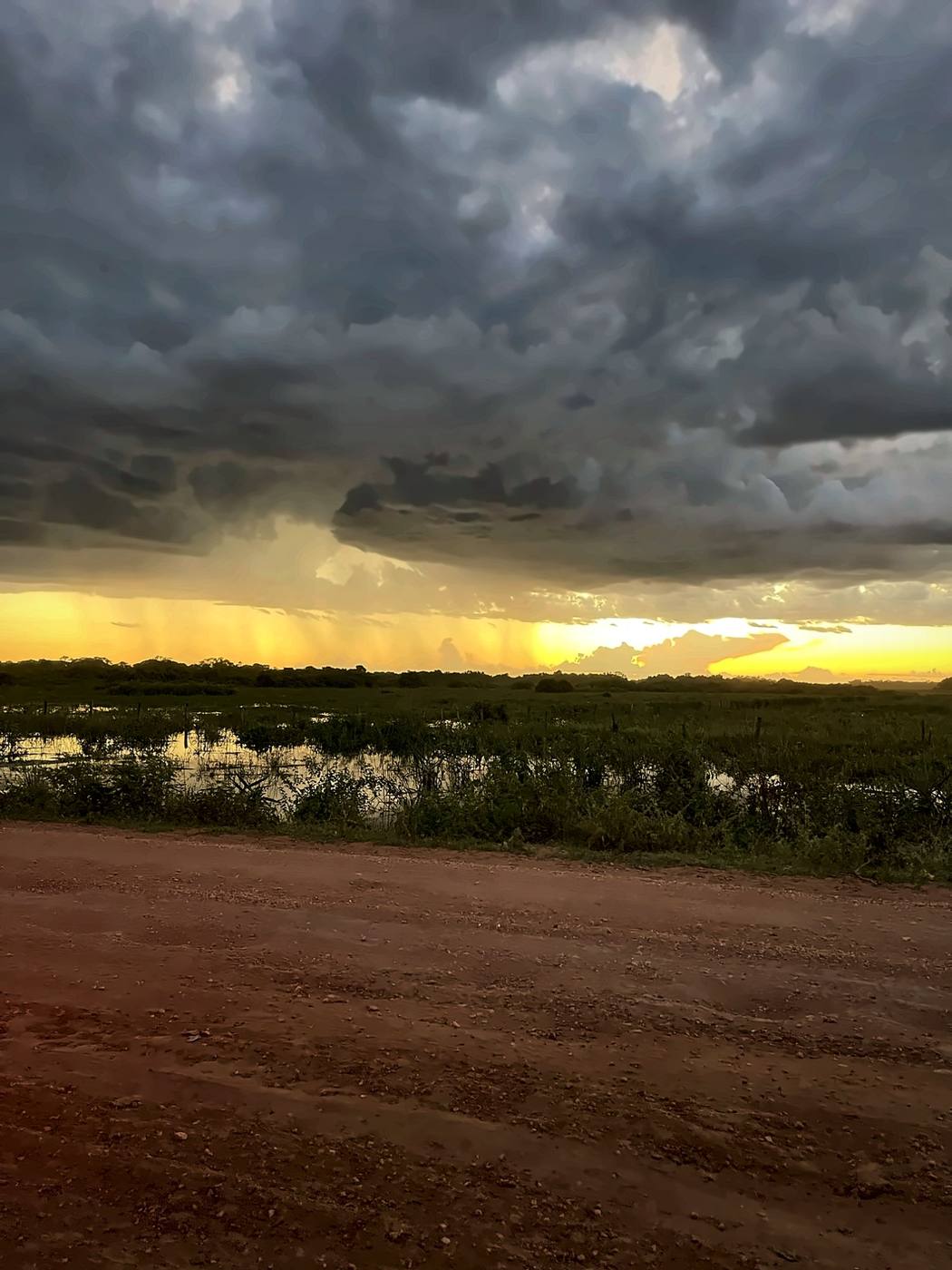 Tempestade com cortina de chuva sobre o campo alagado ao pôr do sol