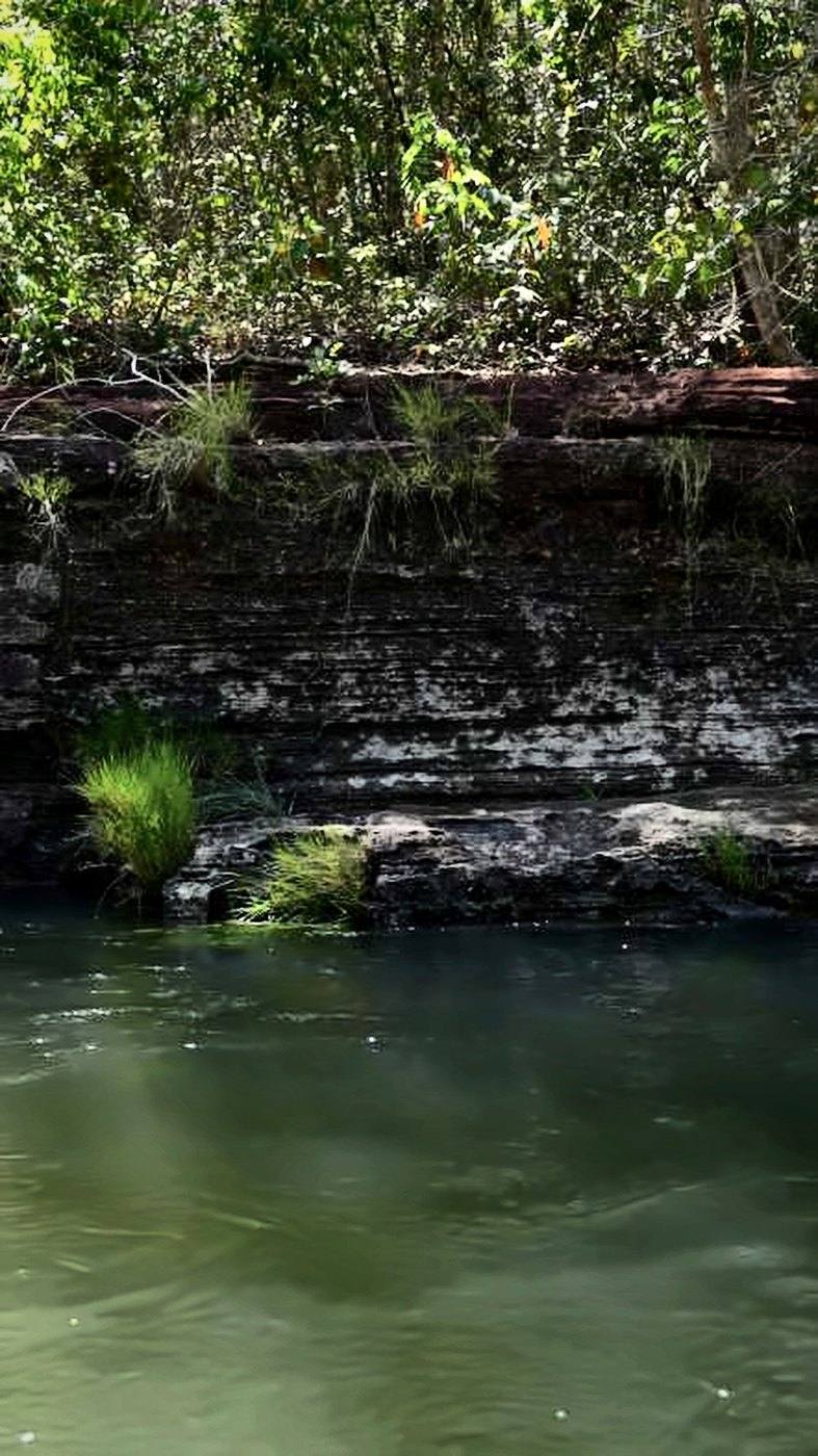 Rio de água escura e transparente junto a um paredão de pedra na mata