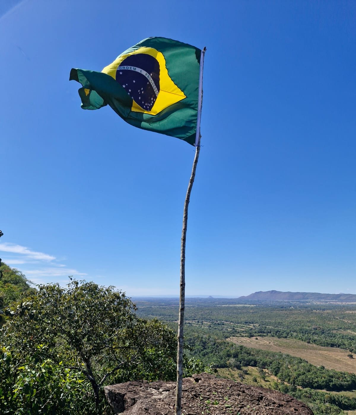 Bandeira do Brasil no alto do morro, com o Cerrado lá embaixo