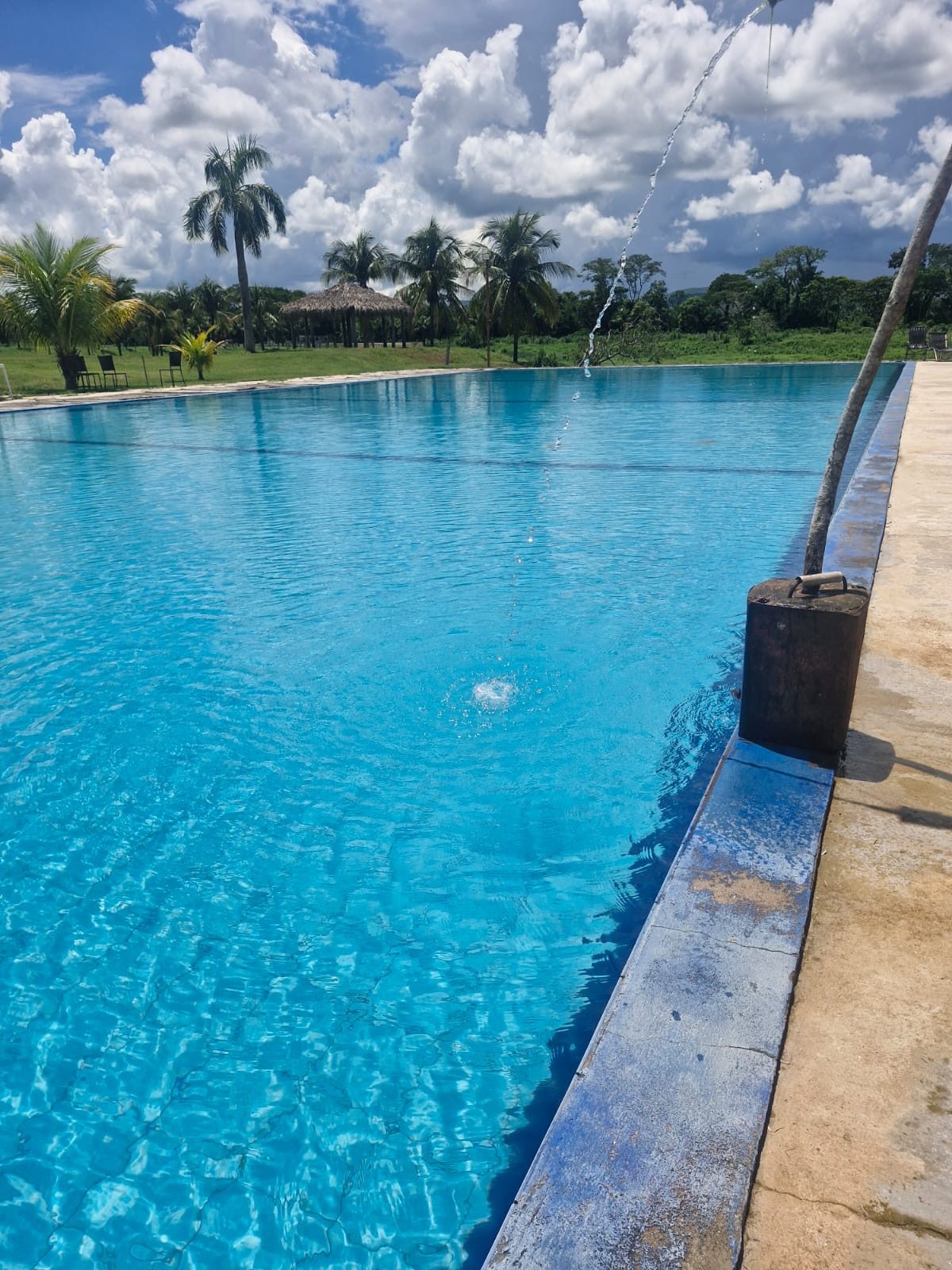 Piscina azul com quiosque de palha